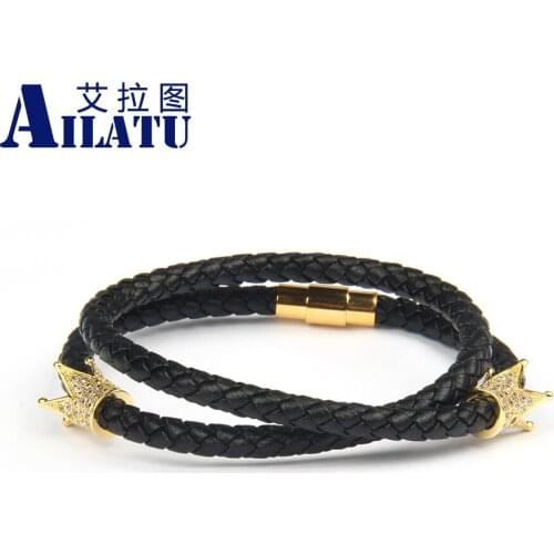 Ailatu 10pcs Double Crown Bracelet Layer Black Genuine Leather Bangle Unisex Accessories Stainless Steel Jewelry Birthday Gift