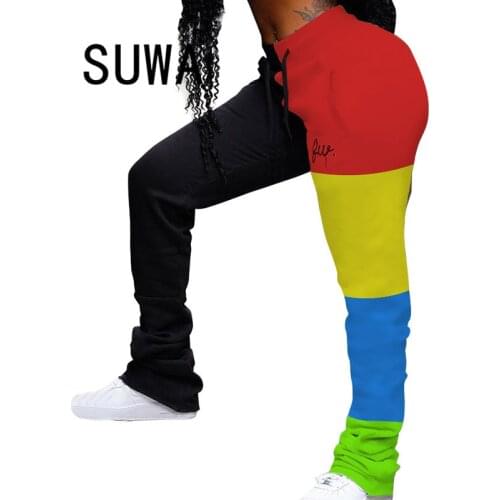 Contrast Color Patchwork High Street Fashion Skinny Trousers Sweatpants Women High Waist Flare Leg Pants Jogger Leggings