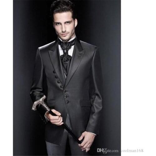 Black Groom Tuxedos Peak Lapel Slim Fit Groomsmen Mens Wedding Dress Excellent Man Jacket Blazer 3 Pieces Suit (Jacket+Pants)