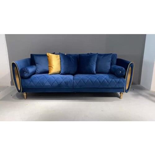 Elegant Fabric Quilted Argyle Sofa Living Room Furniture 3-seater Velvet Cushion Couch Metal Shiny Mirror Armside