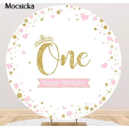 Children One Birthday Backdrop Sweet Princess Happy 1st Birthday Cake Table Background Decorations Golden Dots Round Backdrops