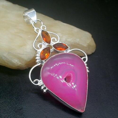 Gemstonefactory Jewelry Big Promotion 925 Silver Hole Agate Druzy Honey Topaz Shiny Women Ladies Gifts Necklace Pendant 0319