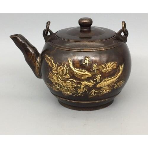 Chinese old Bronze Gilt Fish teapot Antique collection pot 9*10cm