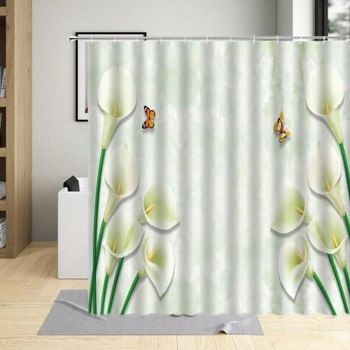 Beautiful Flowering Lily Tulip White Flower Bathroom Curtains Elegant Waterproof Fabric Shower Curtain For Home Decor Screens