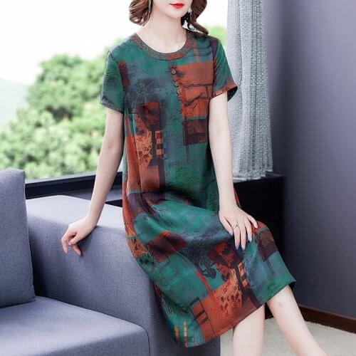 Summer Casual 4XL Plus Size Short Sleeve Midi Dress 2021 Vintage Loose Floral Silk Satin Dresses Elegant Women Bodycon Vestidos
