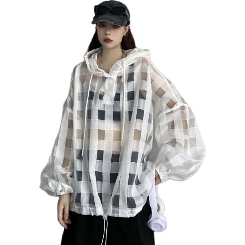 Summer Sun Protection Clothing Women Street Long-Sleeved Tops Lady Loose Contrast Color Hooded Sun Protection Clothing Coats