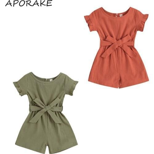 2021 1-6Y Toddler Girls Casual Romper Ruffles Short Sleeve Jumpsuit Solid Color Playsuit Short Pants with Belt