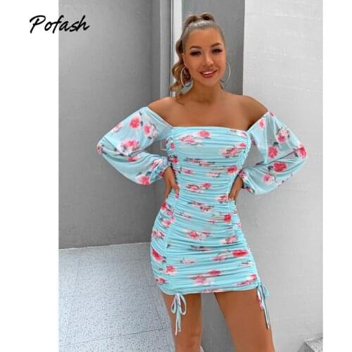 Pofash Blue Floral Print Mini Dresses Women Long Lantern Sleeves Autumn Vestidos Backless Sexy Drawstring Ruched Bodycon Dress