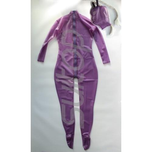 Full cover latex zentai trasparent purple rubber catsuits not including corsets wtih hoods and gloves separated wtih back zip to