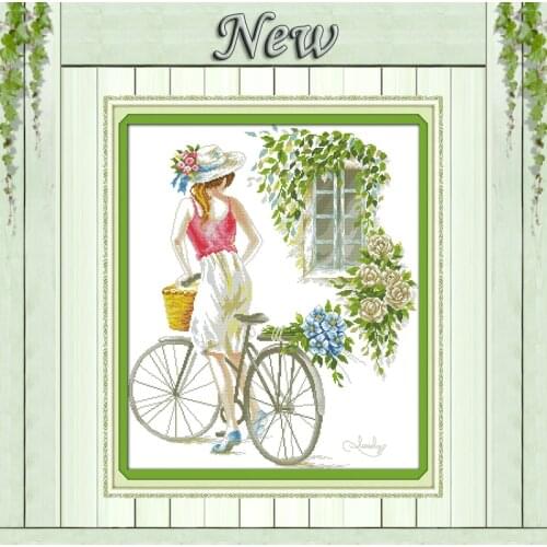 Bicycle girl home Decor summer beauty painting counted print on canvas 14CT 11CT DMC Cross Stitch kits Needlework Set Embroidery