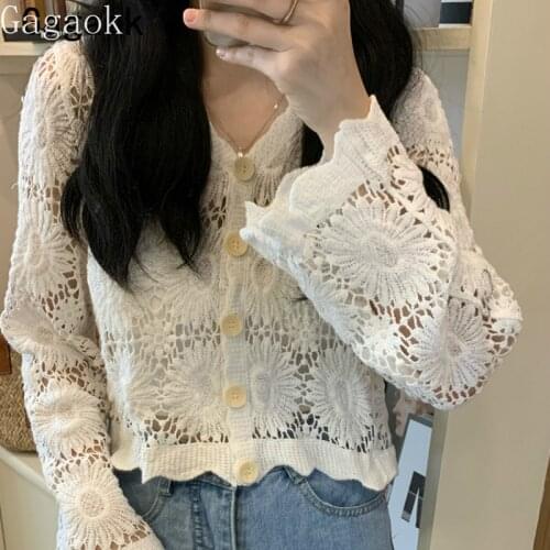 Gagaok Sweet Lace Knitted Sweater 2020 Spring Autumn New V-Neck Floral Full Thin Hollow Out Sweaters Chic Wild Fashion Cardigans