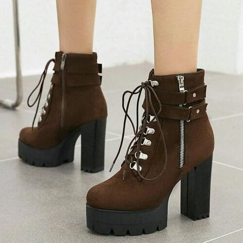 Platform Square High Heel Women Ankle Boots Flock 2021 Autumn Winter Womans Boots Side Zipper Lace UP Boots for Women Big Size