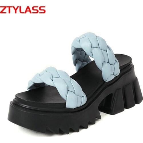 Women Weave Thick High Heel Slippers Fashion Slip On Summer Platform Shoes Ladies Open Toe Dress Outside Slippers Size 35-43