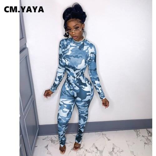 CM.YAYA Women Jumpsuit Print Full Sleeve O-neck Bodycon Skinny Stretchy Pencil Jumpsuits Fashion One Piece Overalls Summer 2021