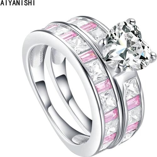 AIYANISHI 925 Sterling Silver Wedding Ring Sets Heart Finger Ring Set for Women Silver Engagement V Shape Band Rings Jewelry