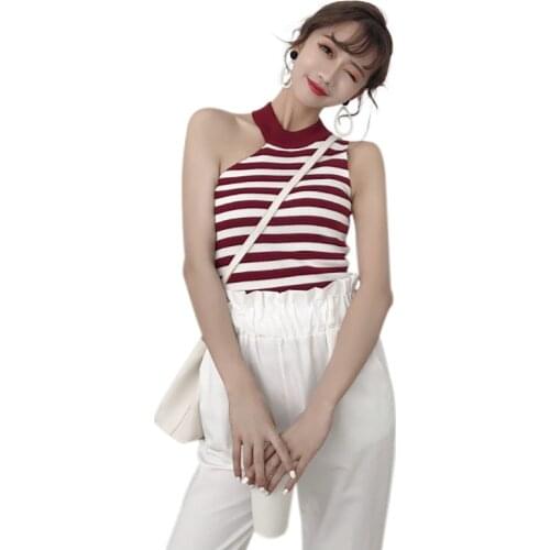 Women Sweet Tank Tops Hanging Neck Shaved Shoulders Striped Knit Camisole Ladies Summer Vest