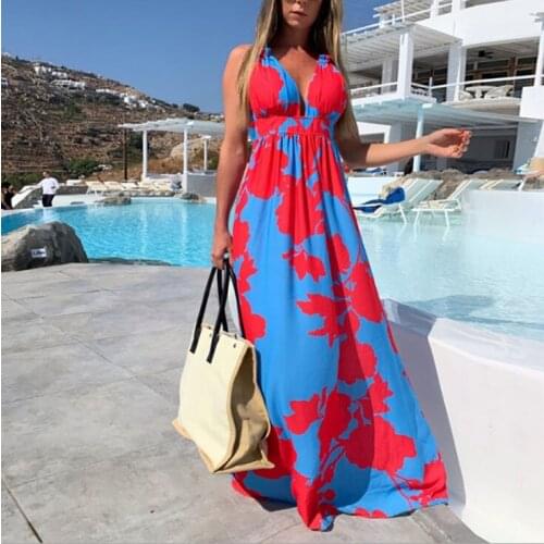 Womens Sling Long Maxi Dress Red Floral Printed Midi Deep V-Neck Sleeveless High Waist Sundress Summer Girls Party Dresses