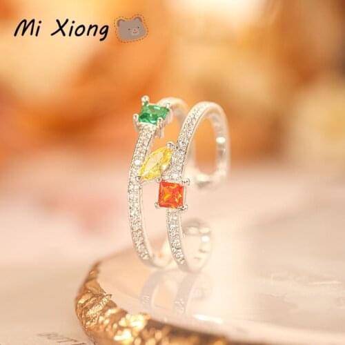 Mi Xiong 925 Sterling Silver Womens Ring Three-color Gemstones Unique Elegant Luxury Exquisite Engagement Wedding Party Jewelry