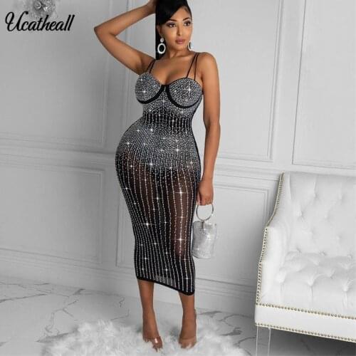 Womens Sling Hot Drill Perspective Slim Dress Backless Gillter Mesh Pencil Dress Sleveless Bodycon Summer Party Vestidos