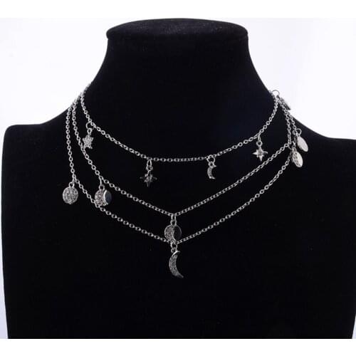 Bohemian Layered Necklace 3 Layers Moon Star Torque Beach Dress Accessories Vacation Charm Pendant Necklace For Women