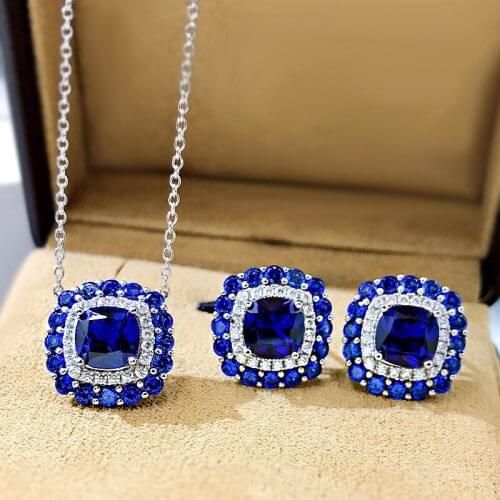 2021 New Fashion Luxury 925 Sterling Silver Sapphire Emerald Pendant Necklace Stud Earring Sets For Women Valentines Day Gift