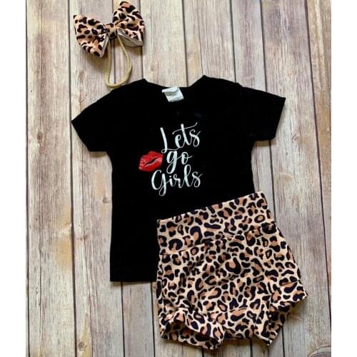 3Pcs Baby Girls Clothes Summer Sweet Short Sleeve Round Collar Letter Top + Leopard Print Shorts + Bow Headwear