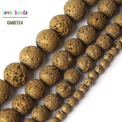 4/6/8/10/12mm Electroplated Gold Volcanic Lava Round Loose Rocket Beads for Jewelry Making DIY Bracelet 15inches