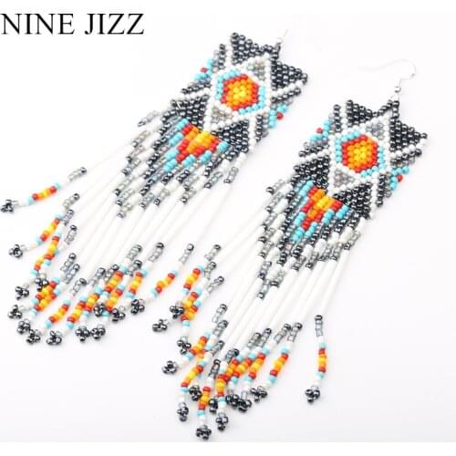 NINEJIZZ Bohemian Earrings Handmade Beaded Long Tassel Earrings For Women Multicolor Beads Ethnic Drop Statement Earring Jewelry