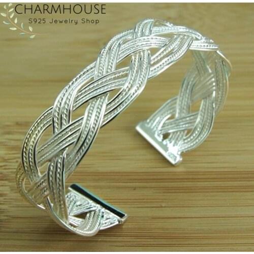 CharmHouse 925 Silver Bangles For Women Mesh Cuff Bangle & Bracelet Adjustable Wristband Pulseira Femme Wedding Jewelry Bijoux