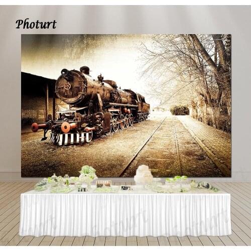 PHOTURT Retro Train Backdrop Kids 1st Birthday Banner Vintage Photography Background Polyester Vinyl Studios Decorate Props