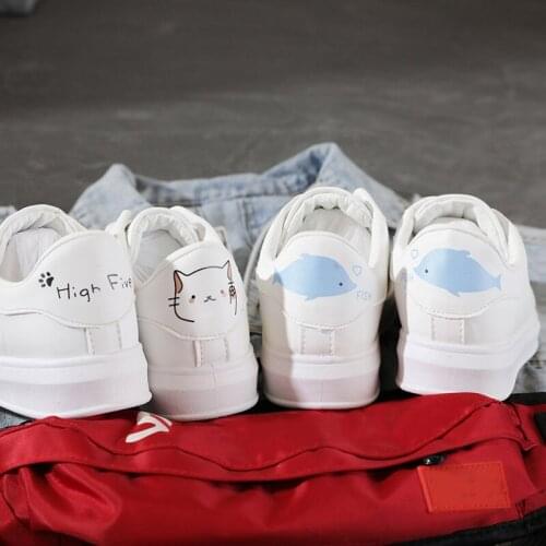 Lzzf 2018 Fashion Korean Casual Flats White Sneakers Women Shoes Leather Animals Cats Ladies Shoes Woman Lace Up Tenis Feminino