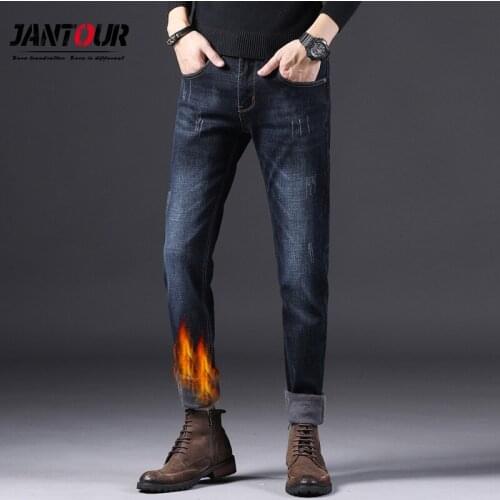 2020 New Men Warm Jeans High Quality Famous Brand Autumn Winter Thicken Fleece male Jean Blue skinny Long Trouser 28-35-38