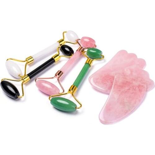 Rose Quartz Jade Roller Set Natural Jade Facial Massager Gouache Scraper Guasha Massage Board Face Massage Roller Drop Shipping