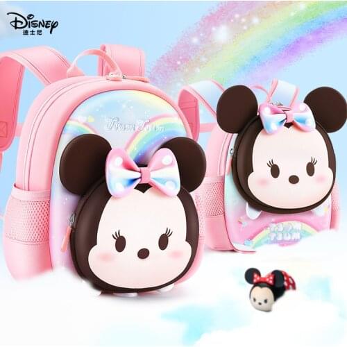 New Disney Kindergarten School Bag Breathable Neoprene Girl Child Baby Cute Cartoon Minnie Anti-Lost Girl Small Backpack