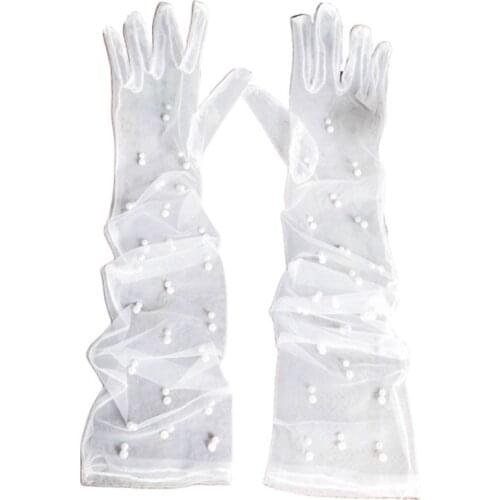New Bride Wedding Dress Accessories Long Gauze Artificial Pearl Gloves White Transparent Sunscreen Hand Sleeves