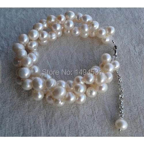 Wholesale Pearl Jewelry, Wedding Bridesmaids Gift Bracelet, White 7 Inches 3Rows 8-9mm Genuine Freshwater Pearl Bracelet