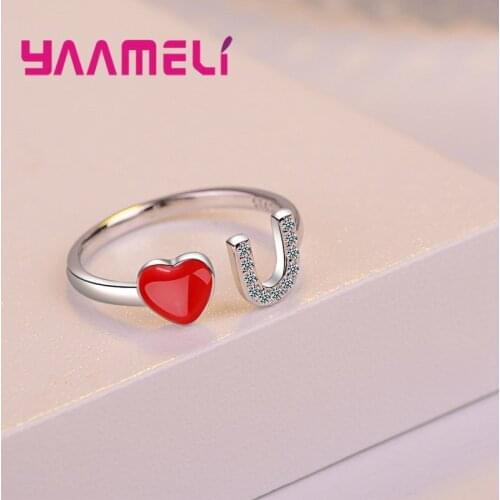 Opening Ring 925 Sterling Silver Red Love Shape With Letter "U" Fashion Style Give Girl Girlfriend Best Gift