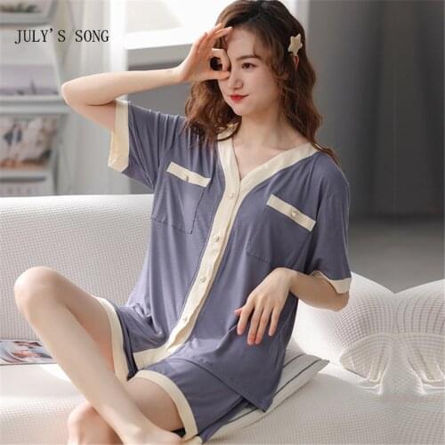 JULYS SONG 2021 Spring Summer Womens Pajamas Set Modal Sleepwear Solid Color Casual Nightgown Elegant Short Sleeve Wear