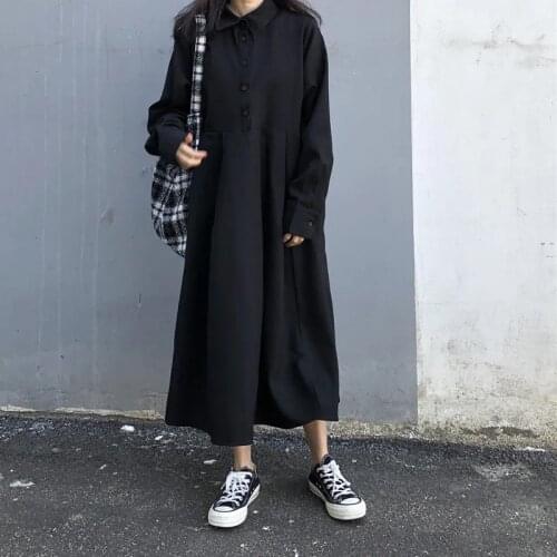 Korean style dress ladies solid color polo collar regular sleeve waist mid-length dress ladies 2021 spring and autumn models