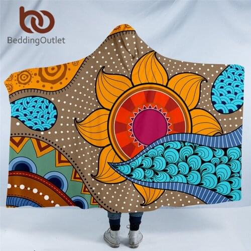 BeddingOutlet Tribal African Hooded Blanket Ethnic Flower Sherpa Blanket Floral Sun Wearable Throw Blanket Retro Style Blankets