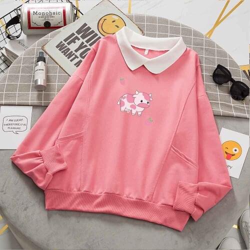 Pullovers Female Pink Top Cow Print Kawaii Hoodie Sweatshirt for Women Ladies Graphic Hoodie Aesthetic Cartoon Sweatshirt Women