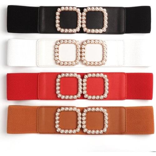 New Design Women’s Elastic Cummerbunds HOT Stretch Wide Waistbands for dress wedding fashion Gold Square Pearl Buckle Belt lady