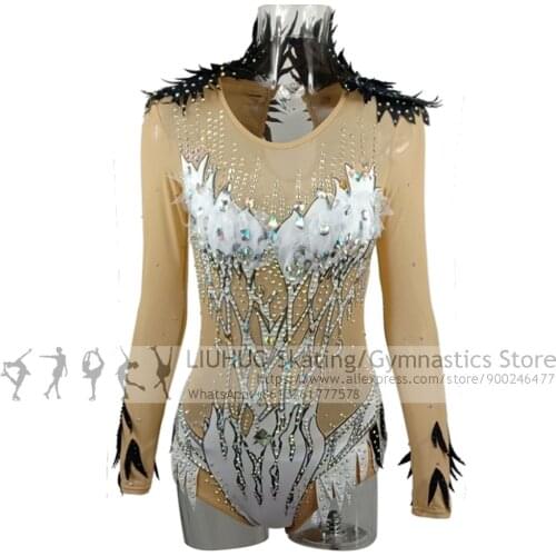 Rhythmic Gymnastics Leotards Women Girls White Rhinestones Competitions Dress Teens Kids Ice Skating Dress Artistics Unitards