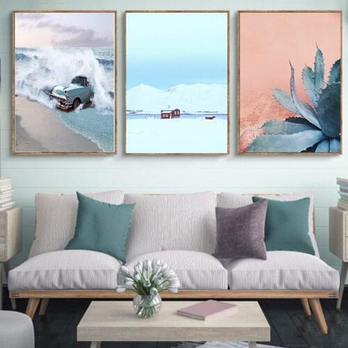 Tropical Wall Decor Blue Car Water Wave Canvas Print Botanical Art , Succulent Cactus Canvas Painting Wall Art Picture Posters