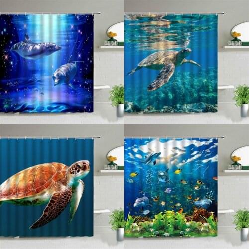 Dolphin Sea Turtle Shower Curtains Ocean Animal Underwater World Tropical Fish Bathroom Decor Waterproof Polyester Cloth Curtain