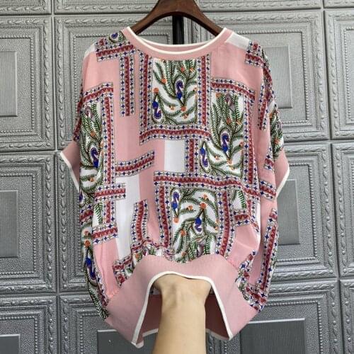 Silk shirt women summer Short-sleeved new mulberry silk round neck top womens design sense printed shirt