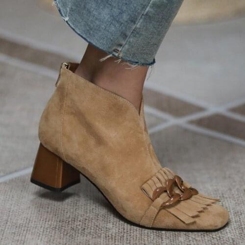 2021 Autumn/Winter Women Boots Sheep Suade Round Toe Square Heel Mid-Heel Ankle Boots Fringed Zipper Fashion Office Lady Shoes