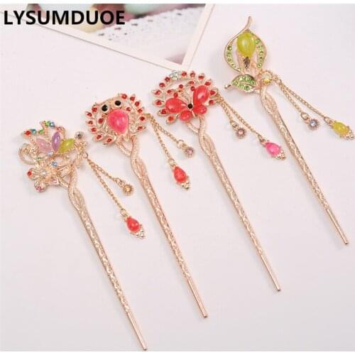 Women Chinese Hairpin Crystal Hair Sticks Handmade Vintage Hairgrip Flower Barrette Classic Jewelry Gift Girl Hair Accessories