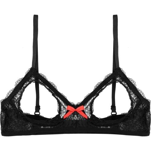 Womens Female Lingerie Exotic Sissy Bras Tops Lace Floral See-through Open Bust Sexy Bra Hole Triangle Wire-free Unlined Bra