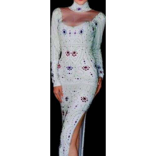 Female Singer Performance Sexy White Dresses Women Sexy Glisten Rhinestones Long Dress Nightclub Wedding Party Celebrate Outfit